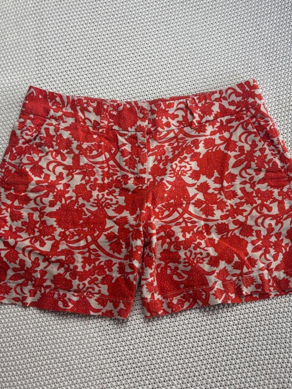 coastal floral linen cotton shorts ann taylor loft sz 2 red cream linen cotton